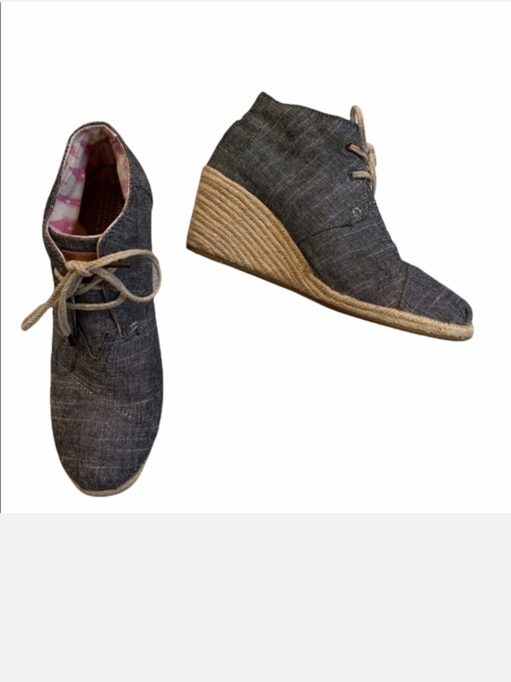 Toms Gray Lace-Up Wedge Oxfords Toms Desert Wedge Black Chambray Women
